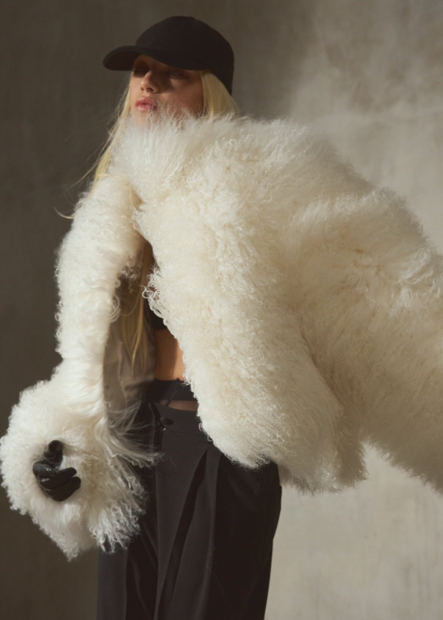 Cropped Mongolian Shearling Coat in Ivory - Auter