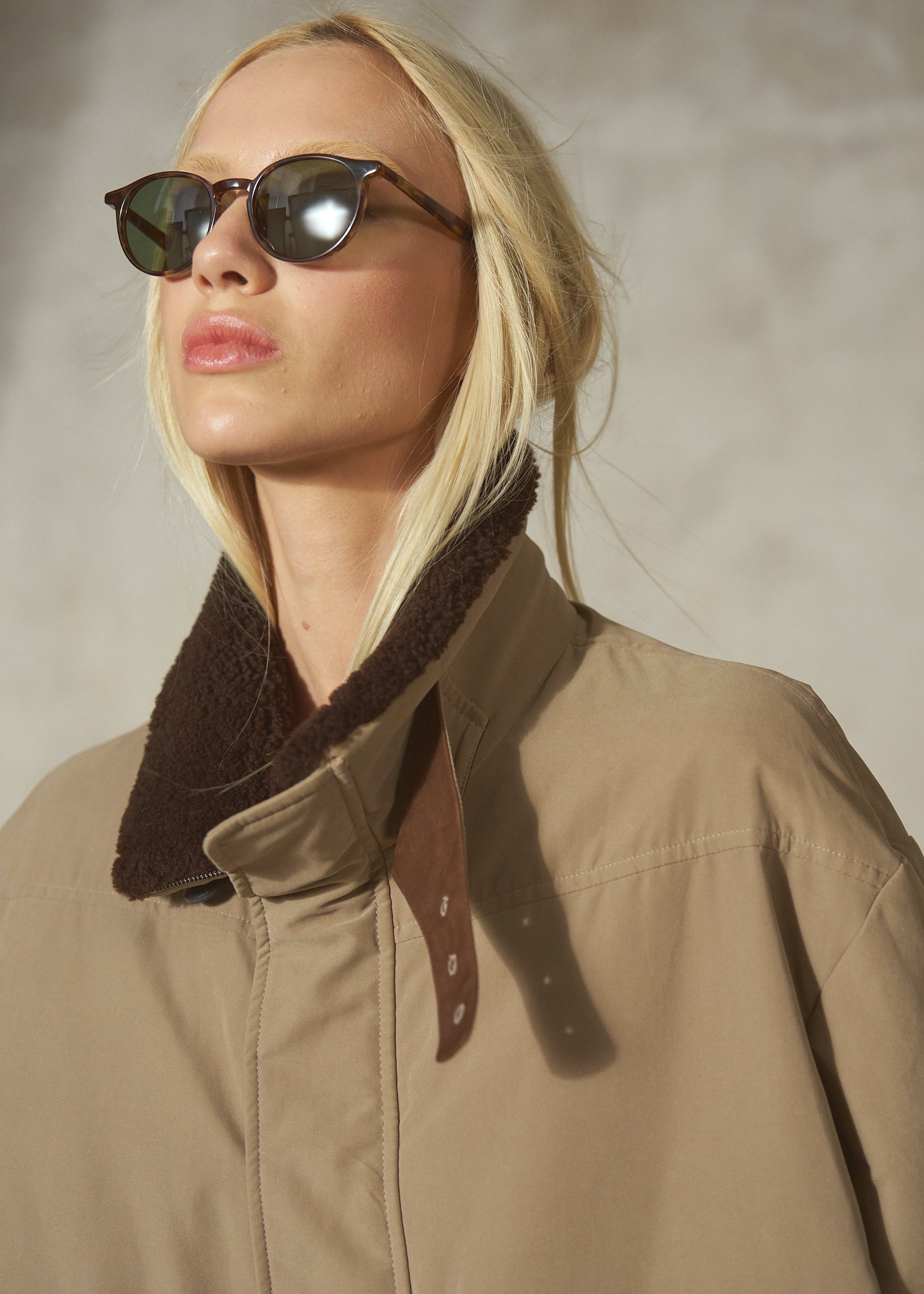 SHEARLING COLLAR BRUSHED JACKET - Sand