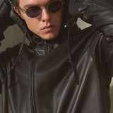 HOODED LEATHER WINDBREAKER -  Noir