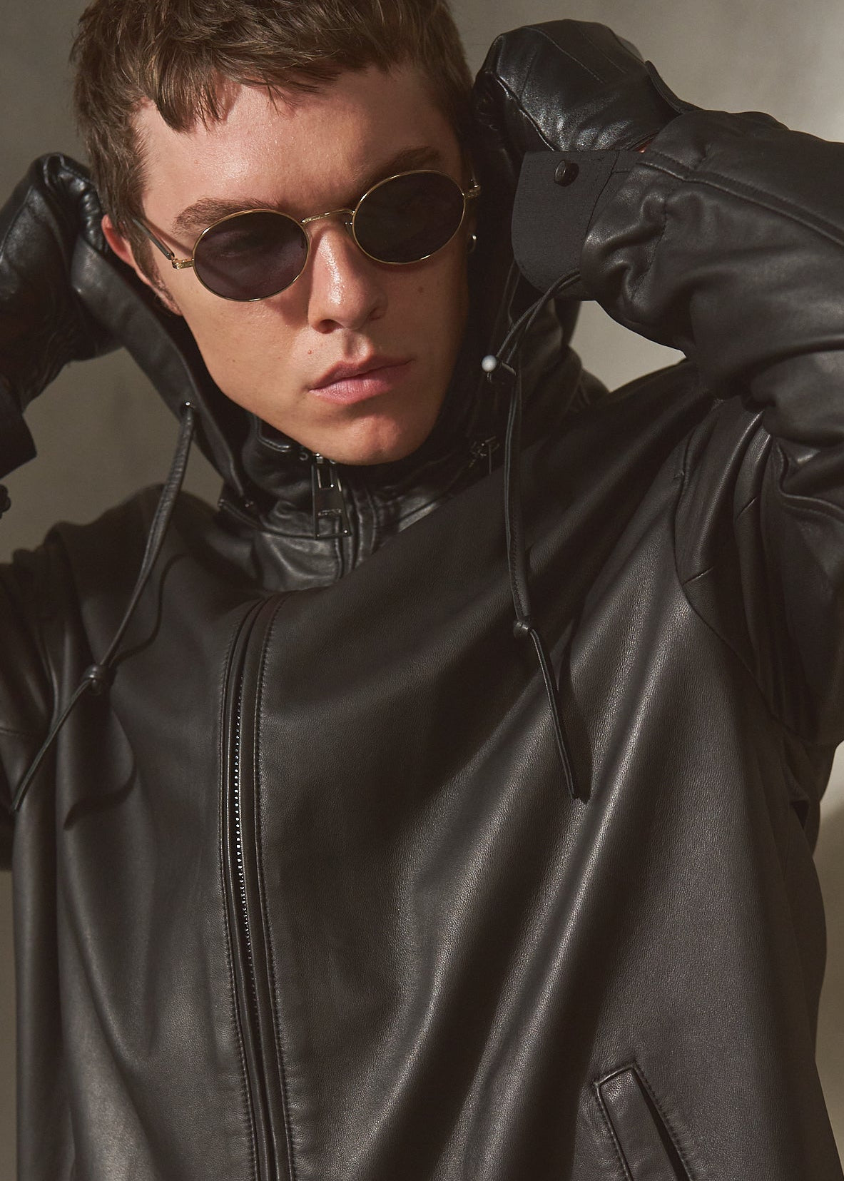 HOODED LEATHER WINDBREAKER -  Noir