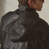 HOODED LEATHER WINDBREAKER -  Noir