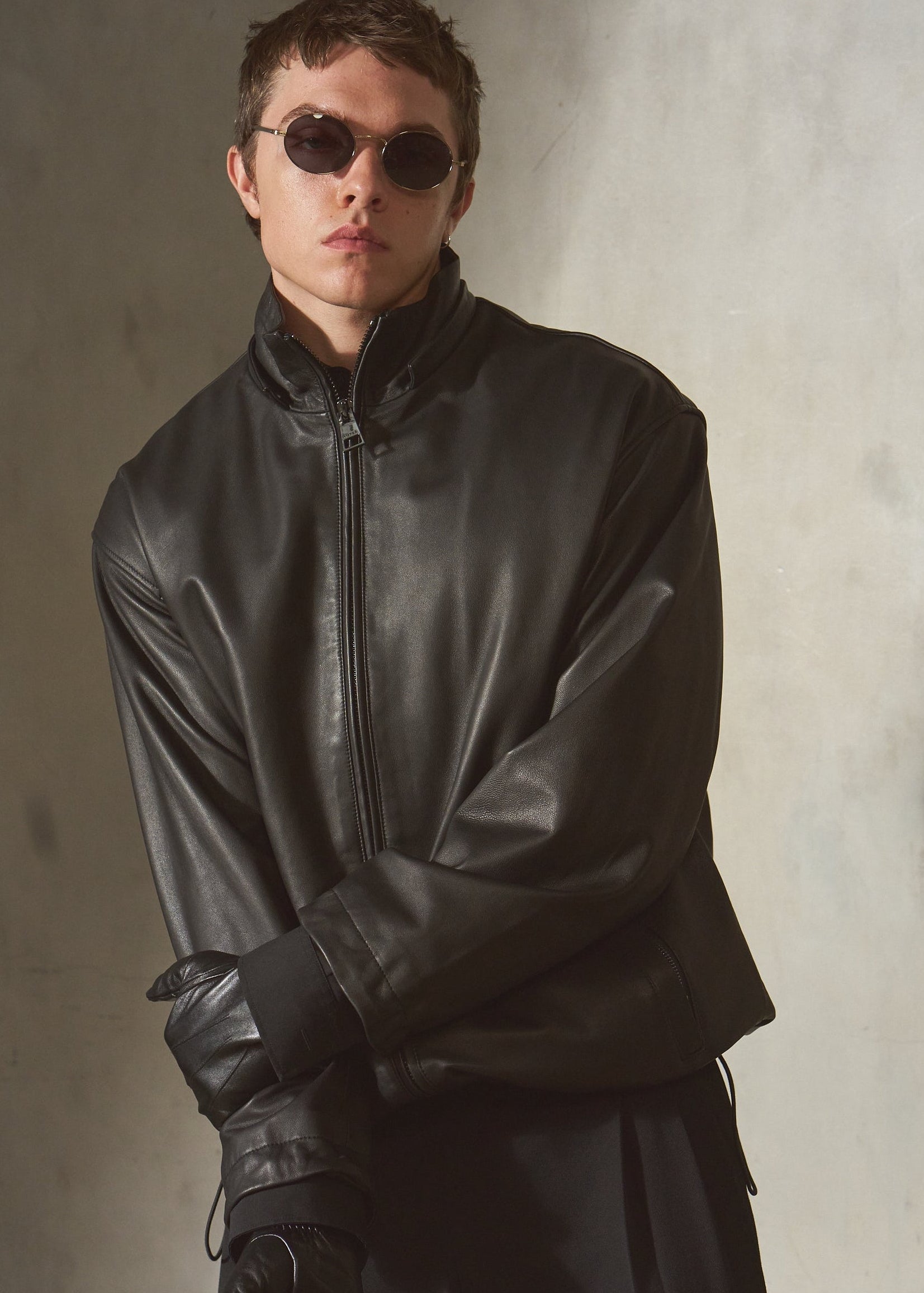 HOODED LEATHER WINDBREAKER -  Noir
