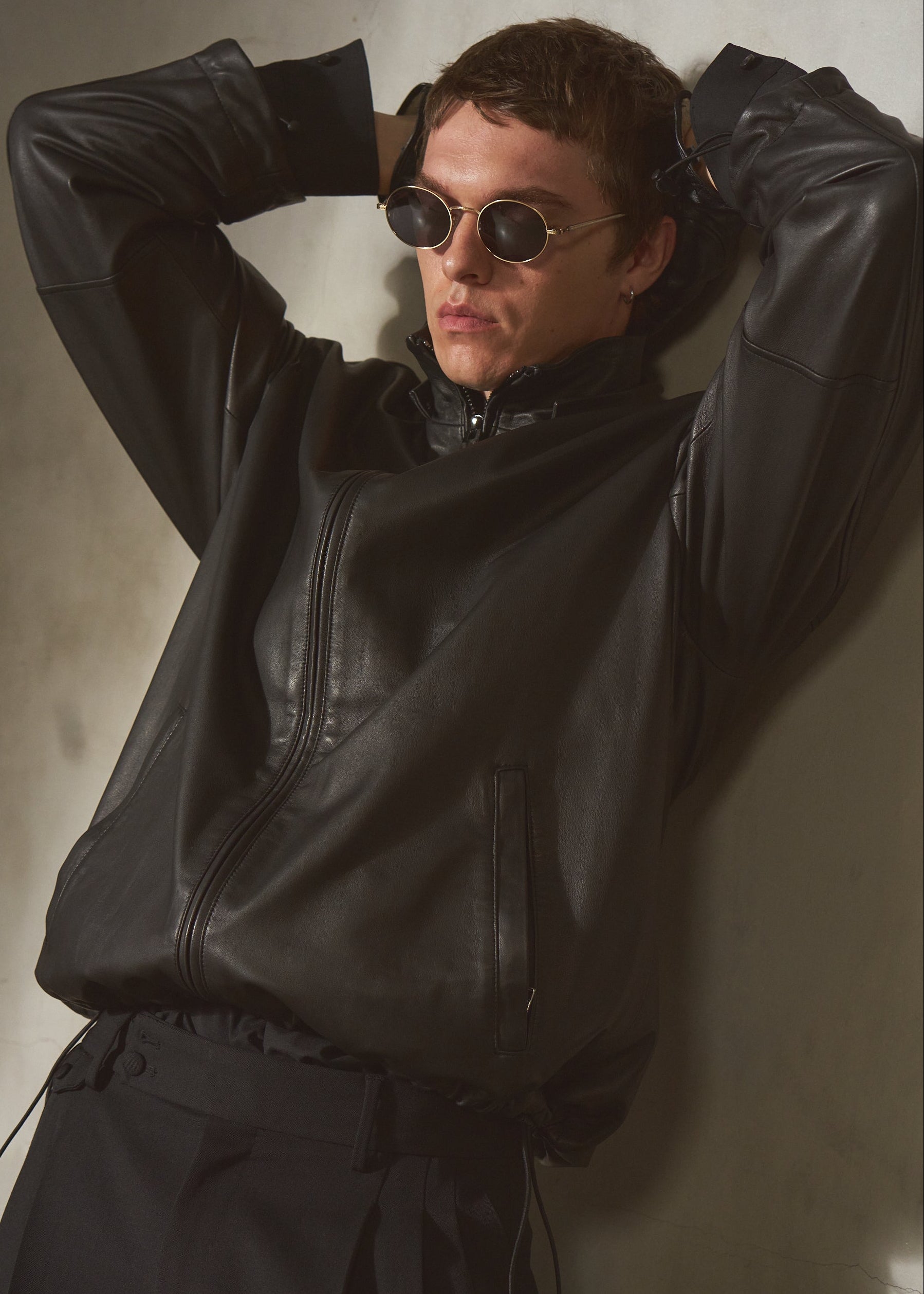 HOODED LEATHER WINDBREAKER -  Noir