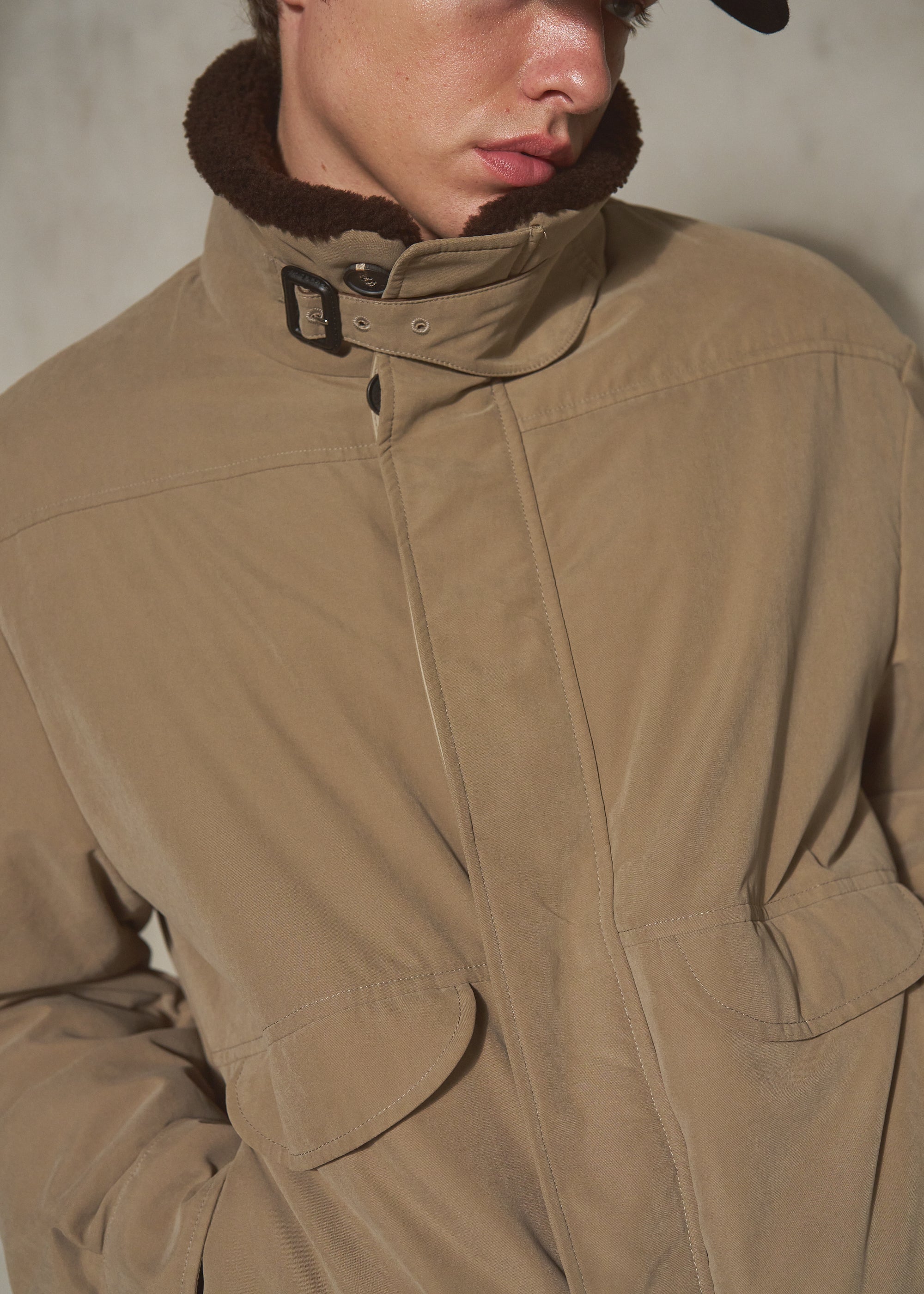 SHEARLING COLLAR BRUSHED JACKET - Sand