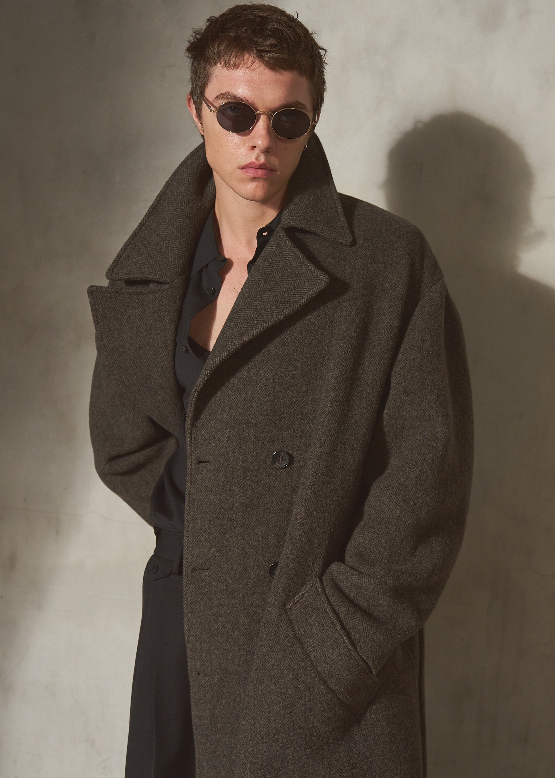 HERRINGBONE BELTED TOPCOAT - Espresso