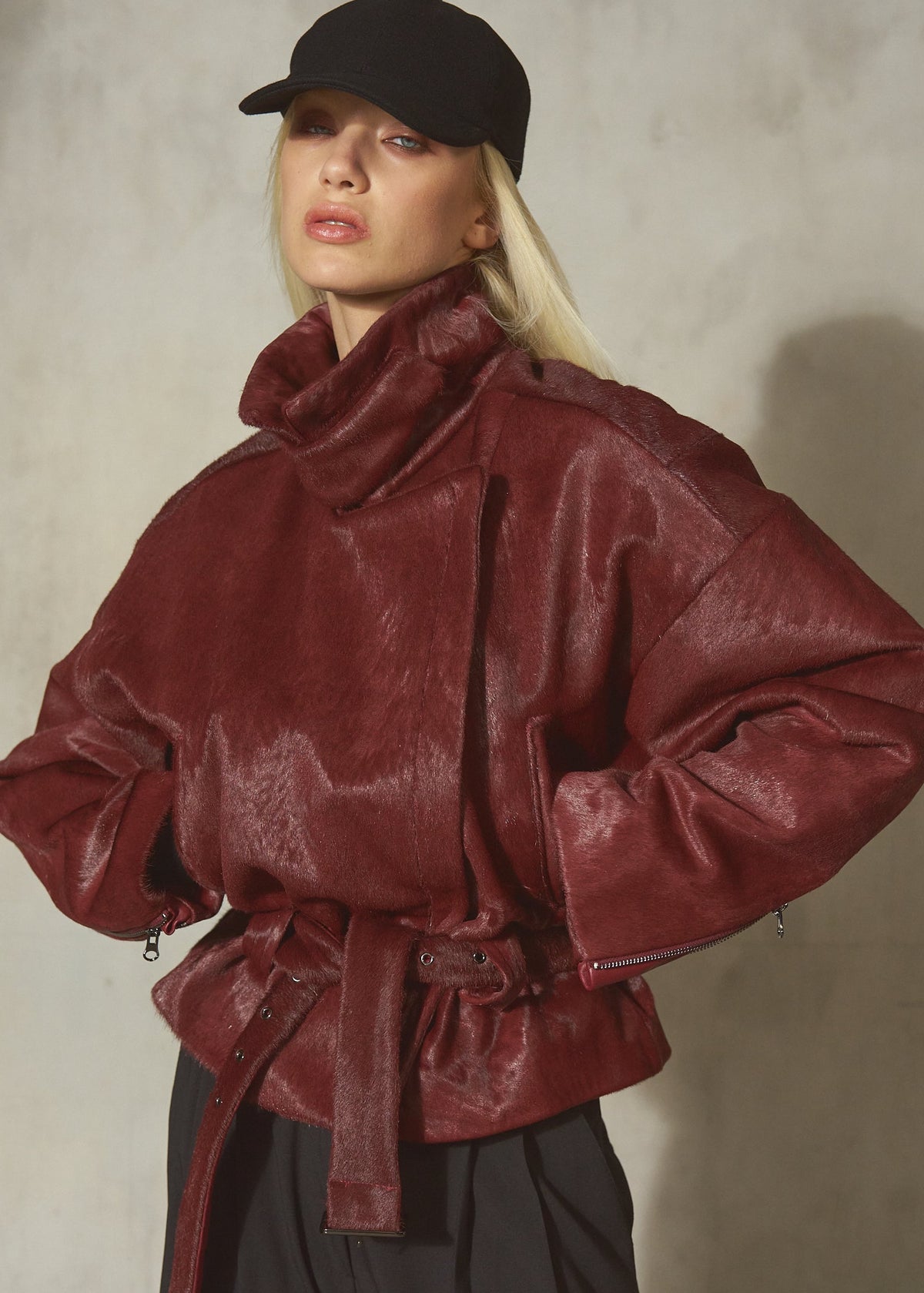 Pony Hair Belted Moto Jacket - Burgundy