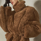 SHEARLING BELTED MOTO JACKET - Natural