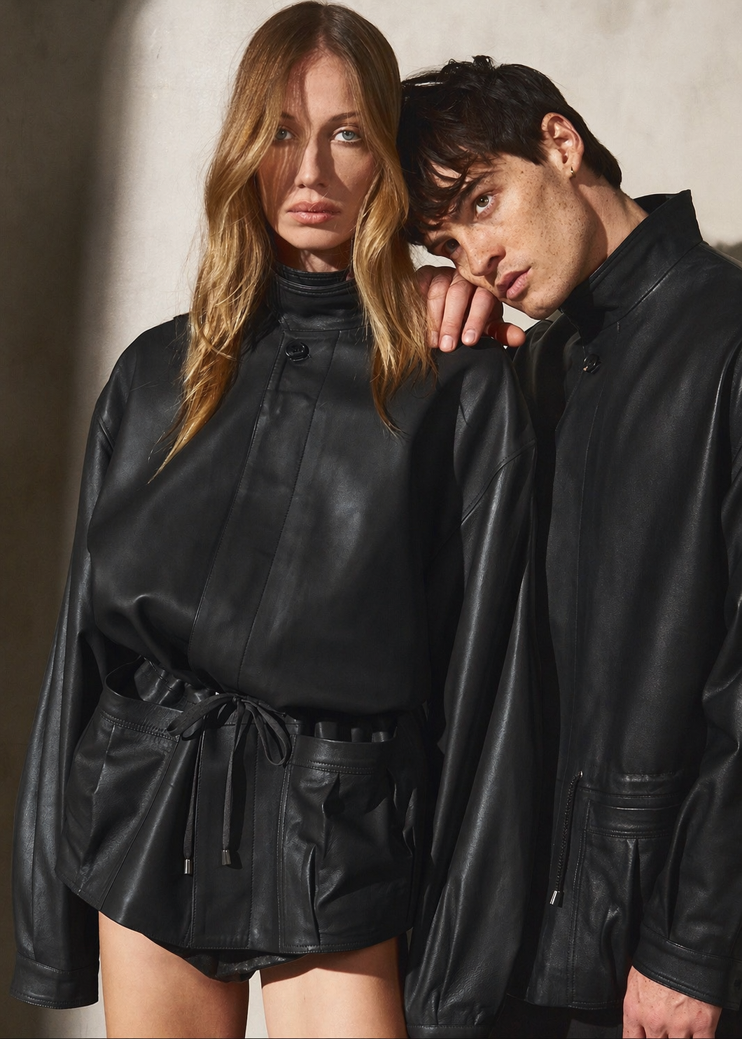 DRAWSTRING LEATHER JACKET - Noir