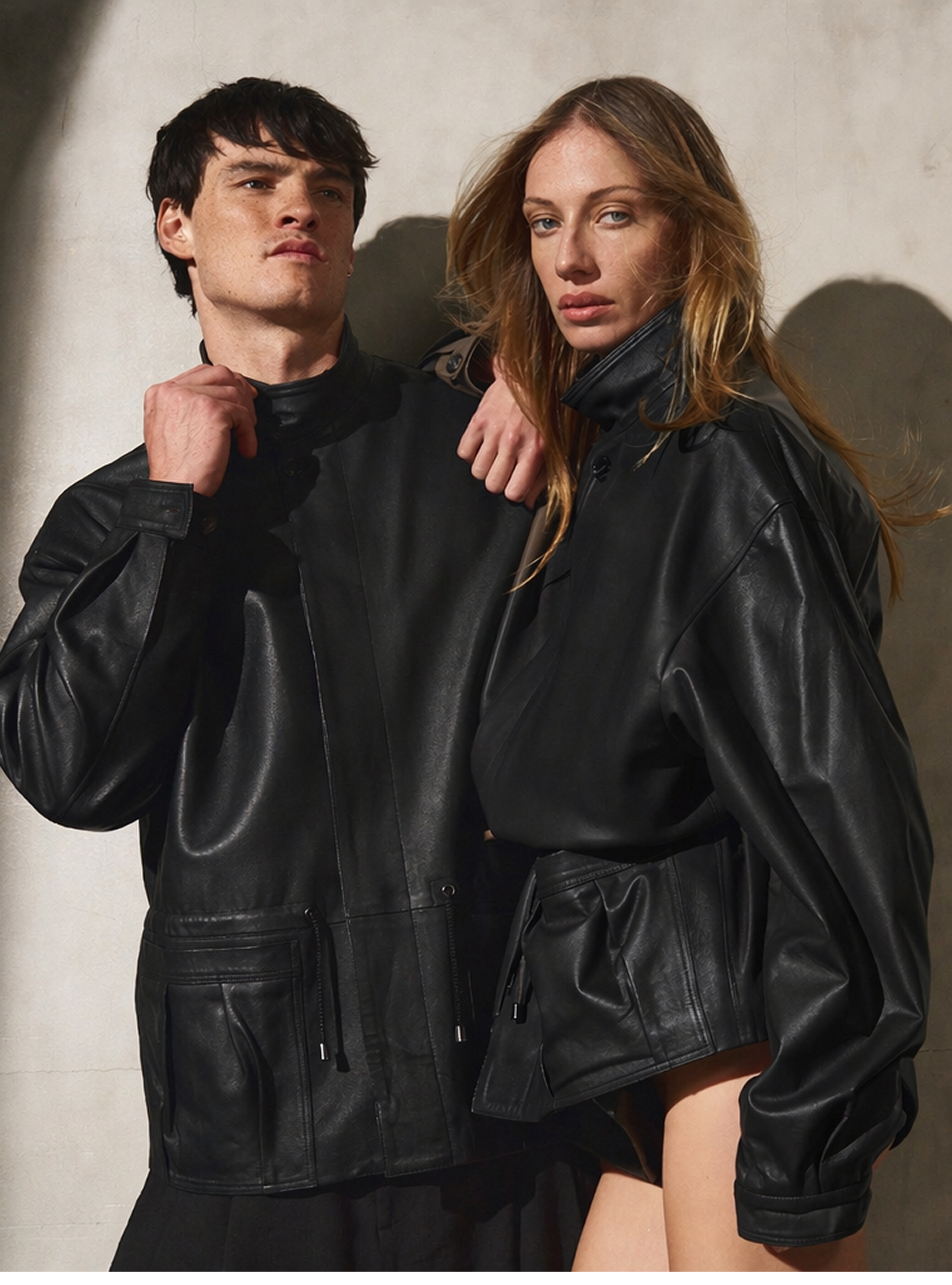 DRAWSTRING LEATHER JACKET - Noir