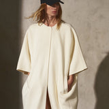 COLLARLESS CASHMERE BELTED COAT - Cream