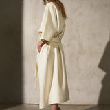 COLLARLESS CASHMERE BELTED COAT - Cream