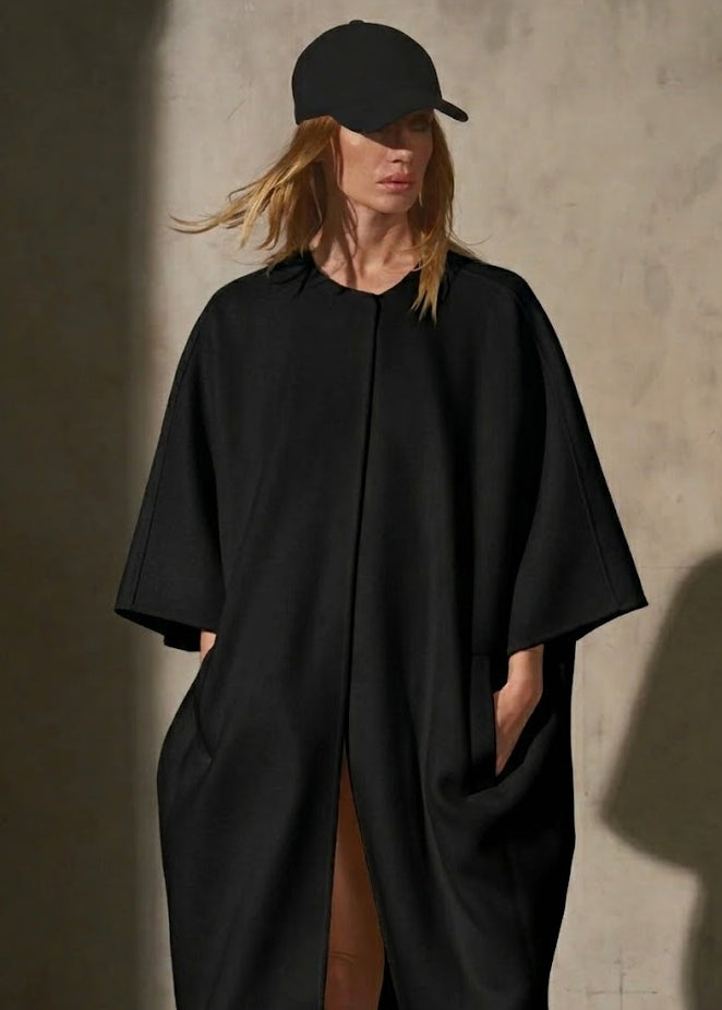 COLLARLESS CASHMERE BELTED COAT Noir