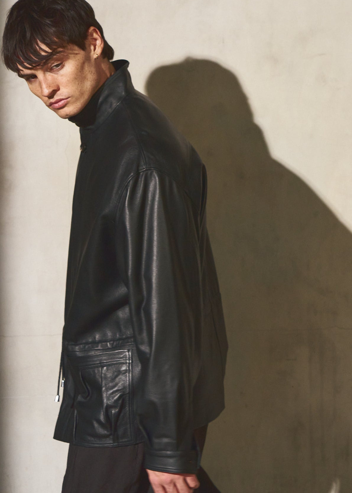DRAWSTRING LEATHER JACKET - Noir