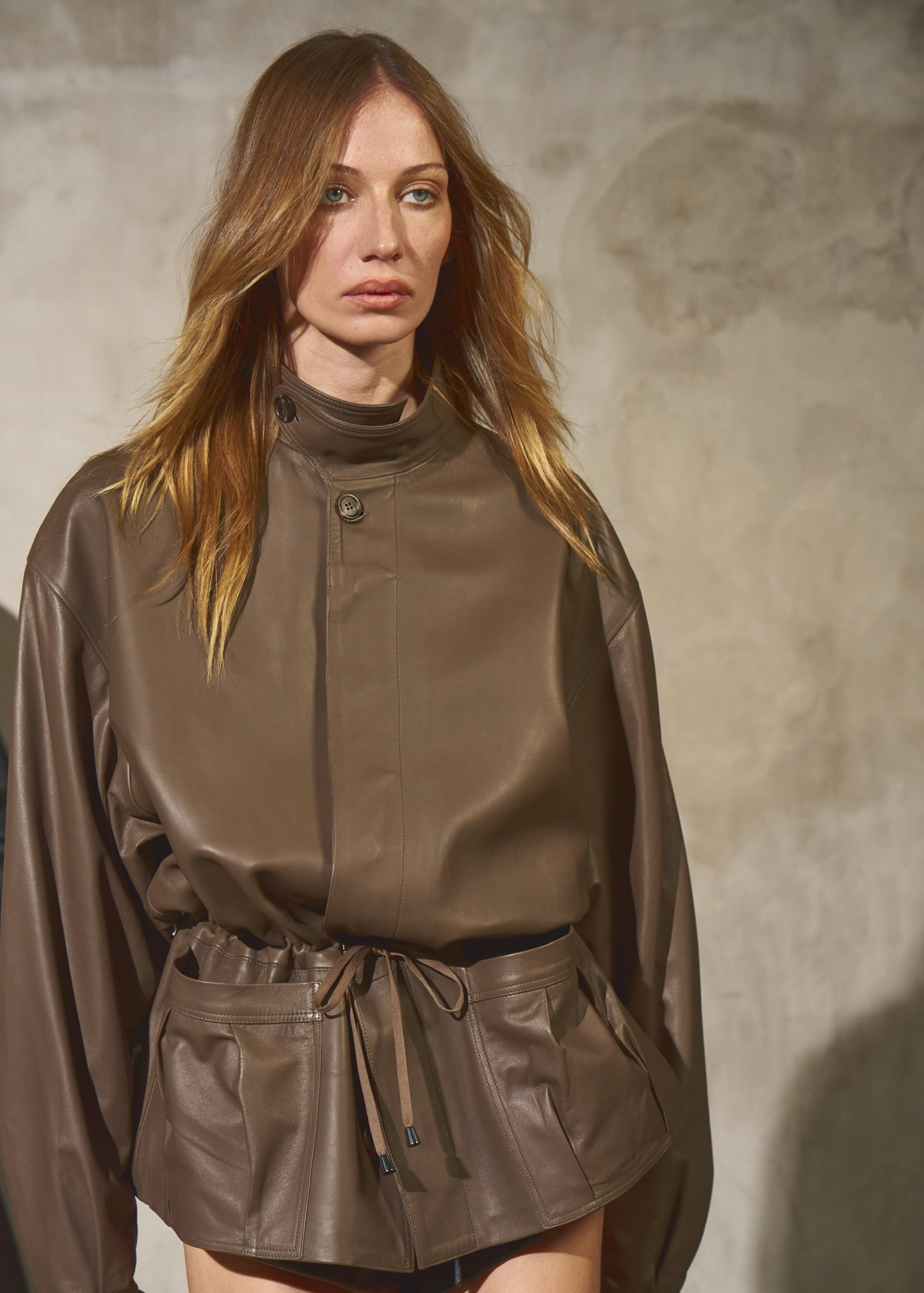 DRAWSTRING LEATHER JACKET - Coffee