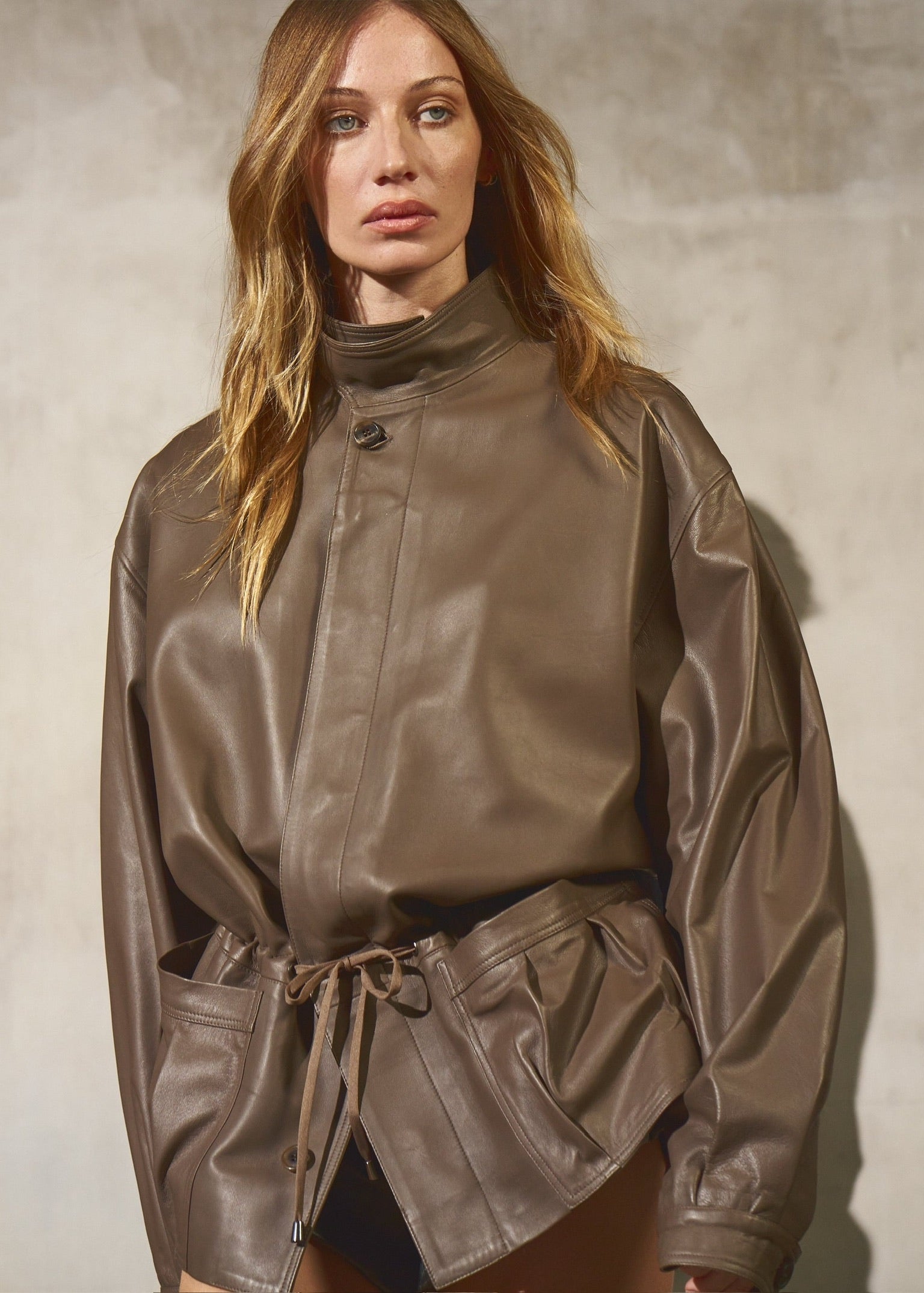 DRAWSTRING LEATHER JACKET - Coffee