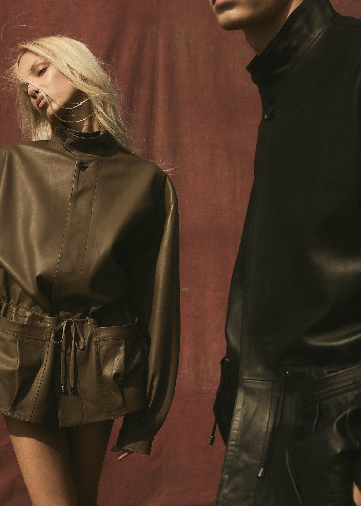 DRAWSTRING LEATHER JACKET - Coffee