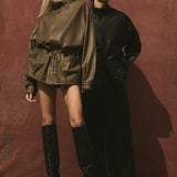 DRAWSTRING LEATHER JACKET - Coffee