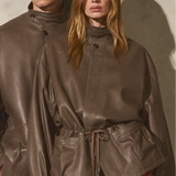 DRAWSTRING LEATHER JACKET - Coffee