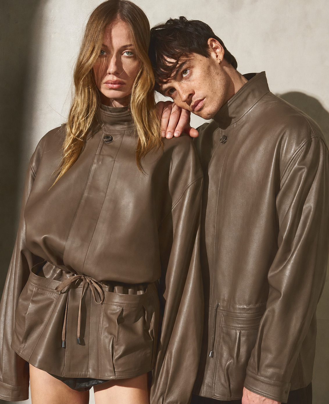 DRAWSTRING LEATHER JACKET - Coffee