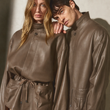 DRAWSTRING LEATHER JACKET - Coffee