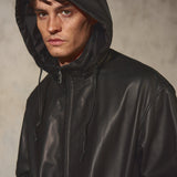 HOODED LEATHER WINDBREAKER -  Noir
