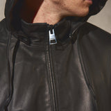 HOODED LEATHER WINDBREAKER -  Noir