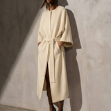 COLLARLESS CASHMERE BELTED COAT - Ivory