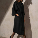 COLLARLESS CASHMERE BELTED COAT - Noir