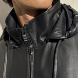 HOODED LEATHER WINDBREAKER -  Noir