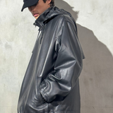 HOODED LEATHER WINDBREAKER -  Noir