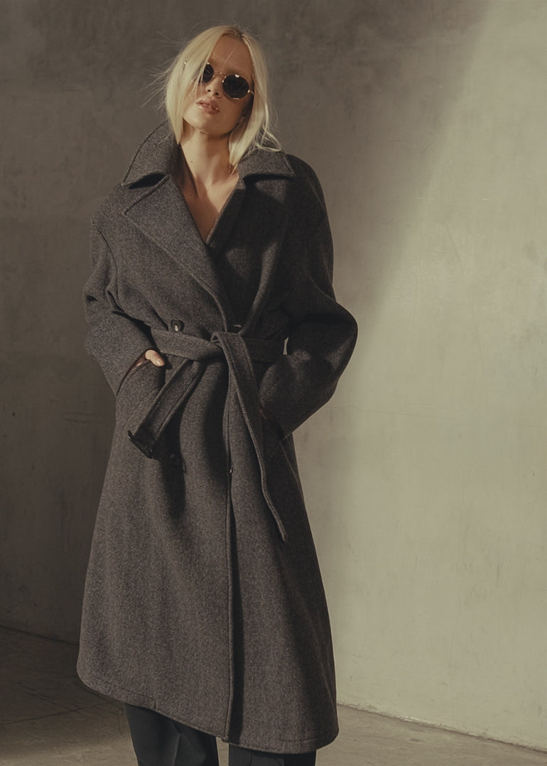 HERRINGBONE BELTED TOPCOAT - Espresso