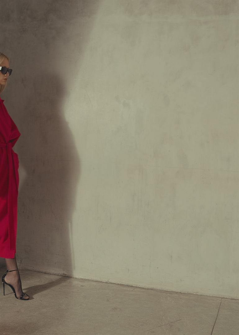 COLLARLESS CASHMERE LONG SLEEVE BELTED COAT - Ruby